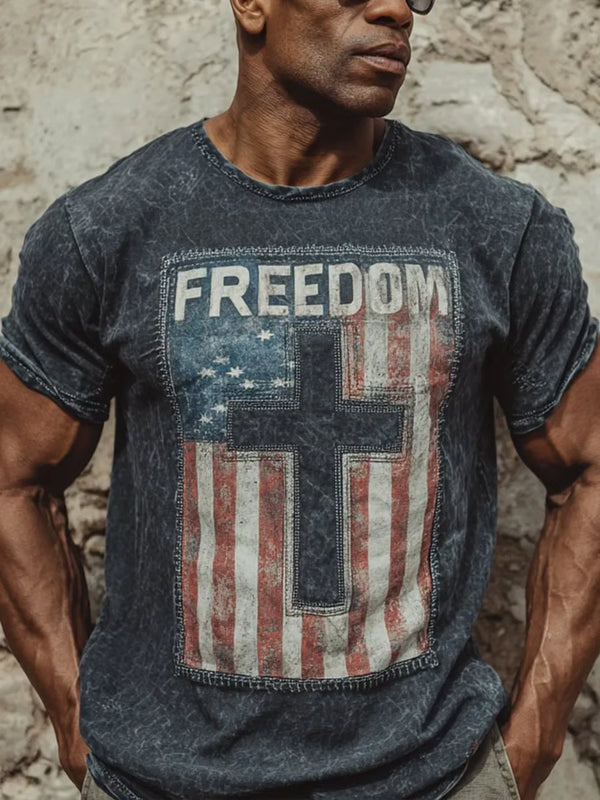 Men's Casual Freedom Flag Print Short-sleeved T-shirt