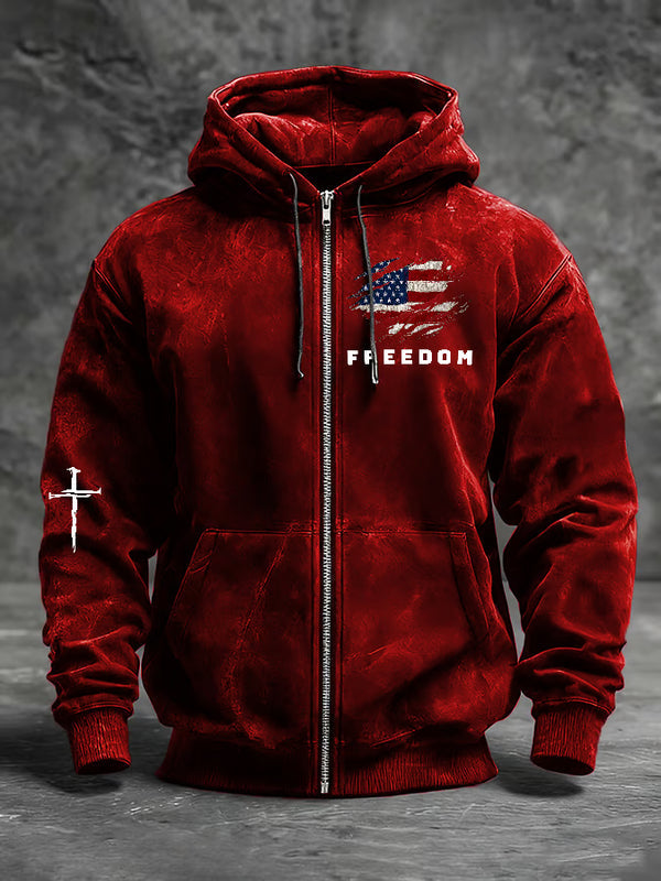 Men's Freedom American Flag Print Zip-Up Hooded Jacket