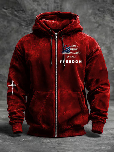 Men's Freedom American Flag Print Zip-Up Hooded Jacket