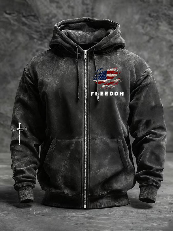 Men's Freedom American Flag Print Zip-Up Hooded Jacket