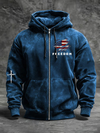 Men's Freedom American Flag Print Zip-Up Hooded Jacket