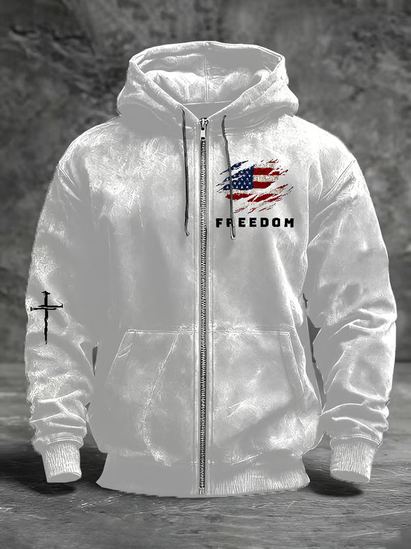 Men's Freedom American Flag Print Zip-Up Hooded Jacket