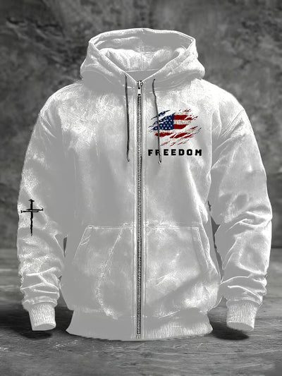 Men's Freedom American Flag Print Zip-Up Hooded Jacket
