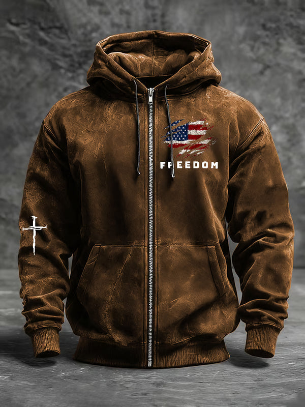Men's Freedom American Flag Print Zip-Up Hooded Jacket