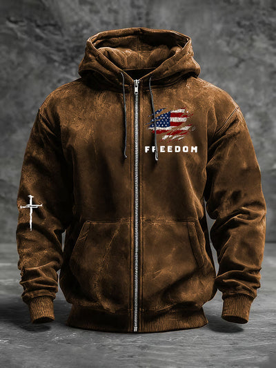 Men's Freedom American Flag Print Zip-Up Hooded Jacket